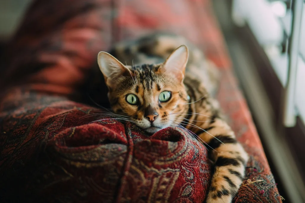 A Bengal cat lies on a red patterned cushion.